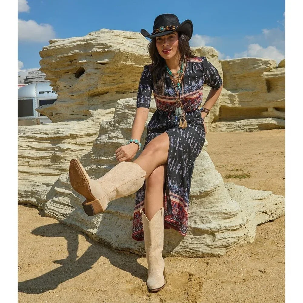 Women's Tan Mid Calf Embroidery Cowgirl Boots Retro Snip Toe Western Boot